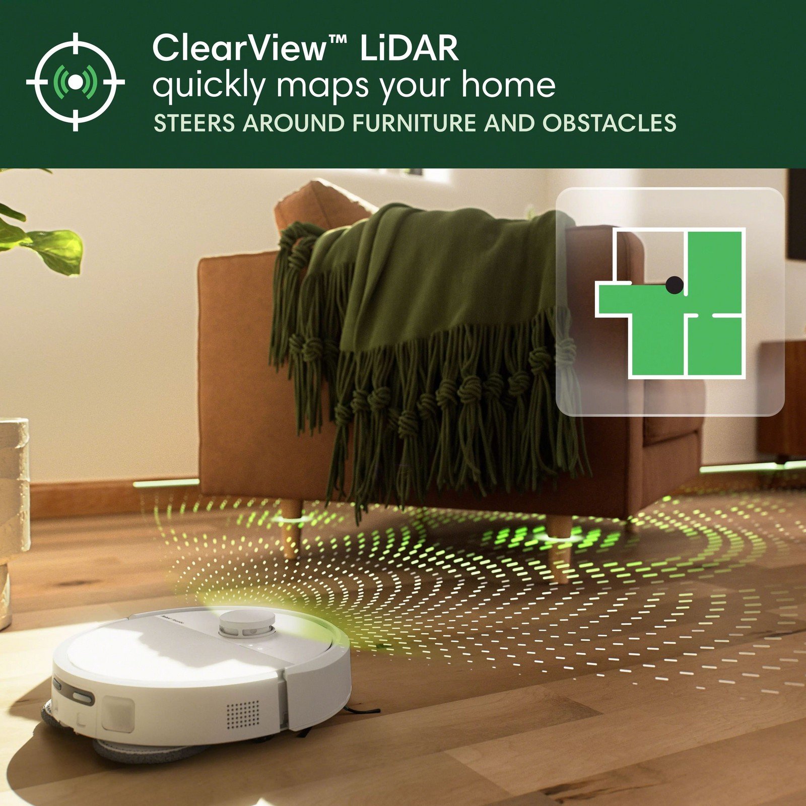 Manufacturer lifestyle photograph of the white Roomba Plus 405 Combo on a wooden floor beside a sofa, with iRobot LiDAR graphics.